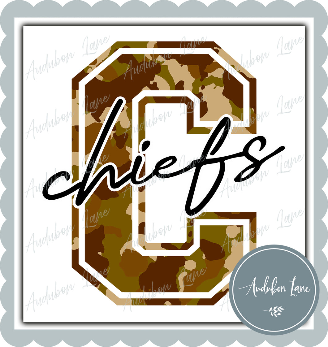 Chiefs Old School Camo Mascot Letter Ready to Press DTF Transfer Customs Available On Request