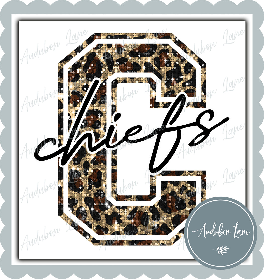 Chiefs Sequin Leopard Mascot Letter Ready to Press DTF Transfer Customs Available On Request