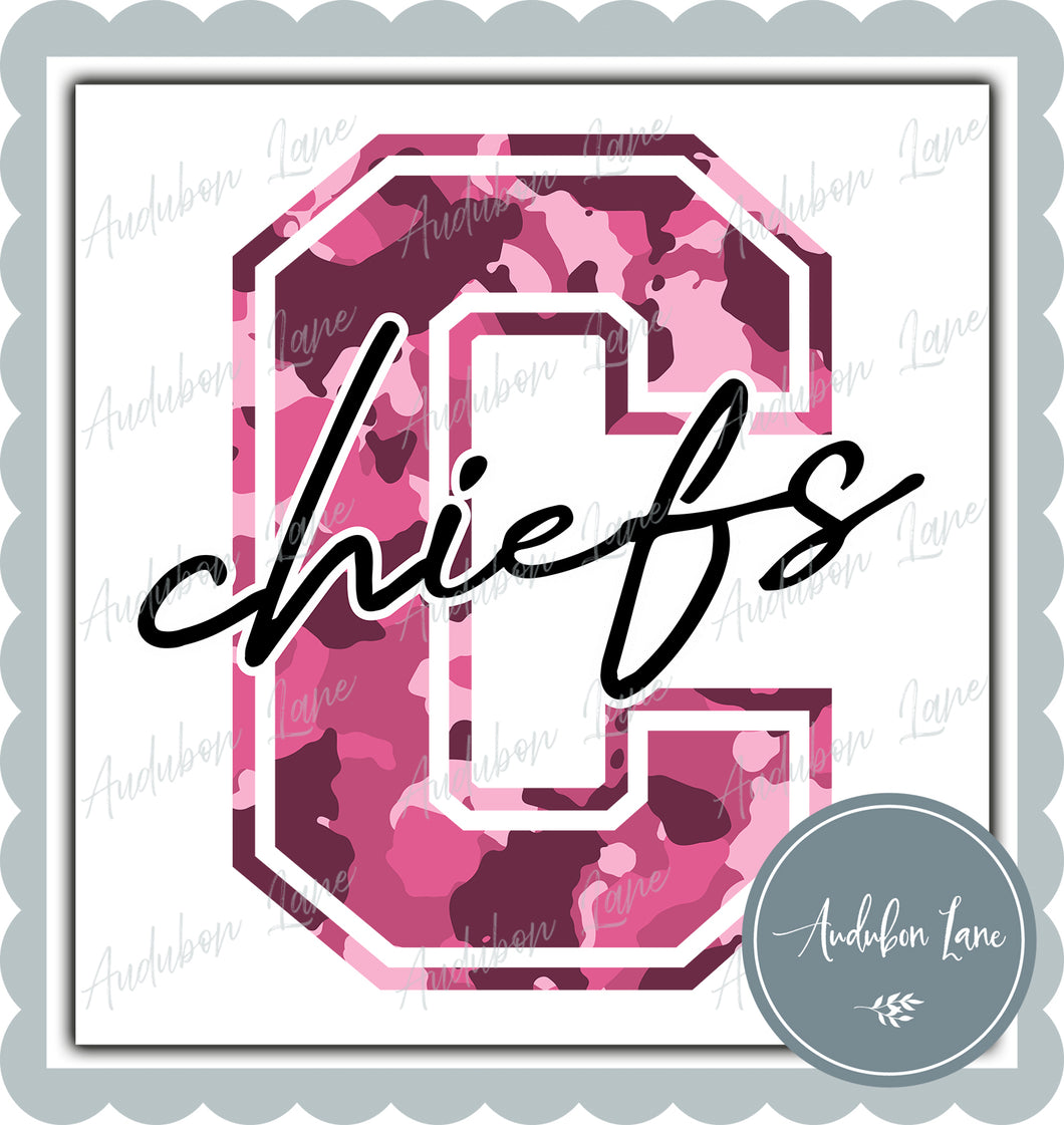 Chiefs Breast Cancer Awareness Pink Camo Mascot Letter Ready to Press DTF Transfer Customs Available On Request