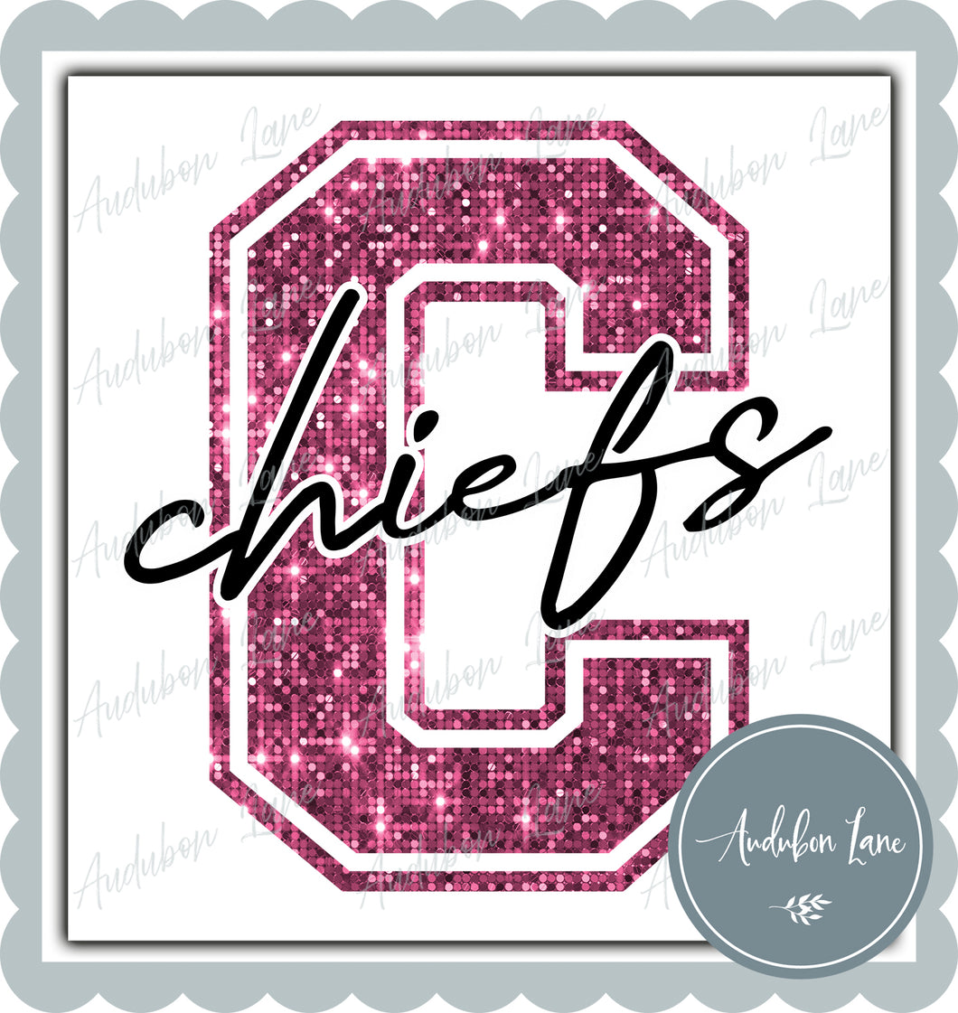 Chiefs Breast Cancer Awareness Faux Pink Sequin Mascot Letter Ready to Press DTF Transfer Customs Available On Request