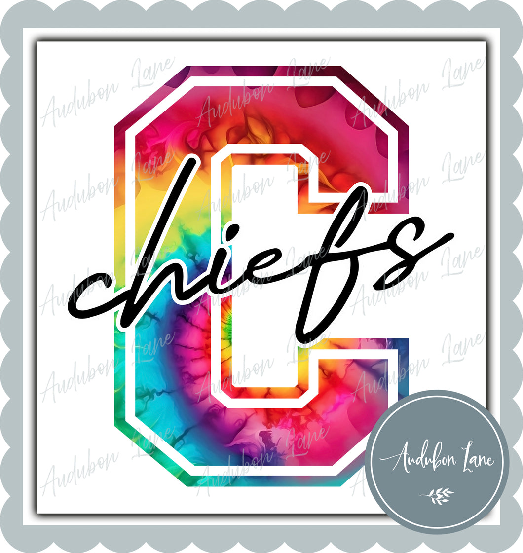 Chiefs Rainbow Tie Dye Mascot Letter Ready to Press DTF Transfer Customs Available On Request