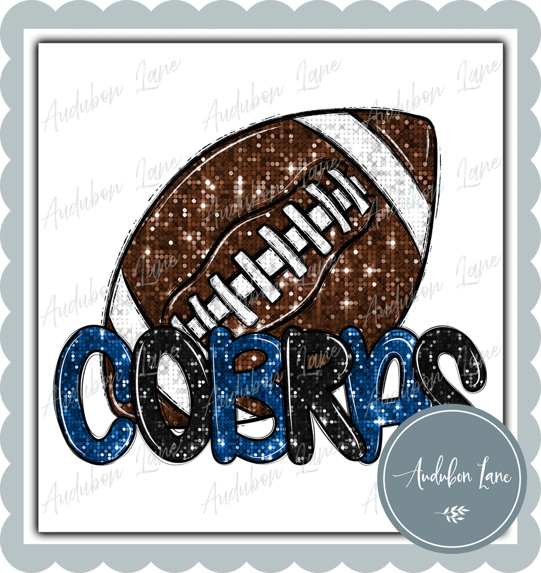 Cobras Black and Blue Faux Sequin Football with Mascot Print Ready To Press DTF Transfer Custom Colors Available On Request
