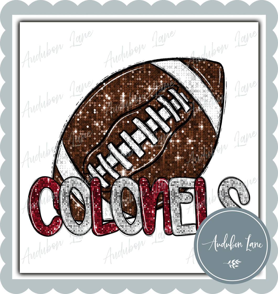 Colonels Maroon and White Faux Sequin Football with Mascot Print Ready To Press DTF Transfer Custom Colors Available On Request