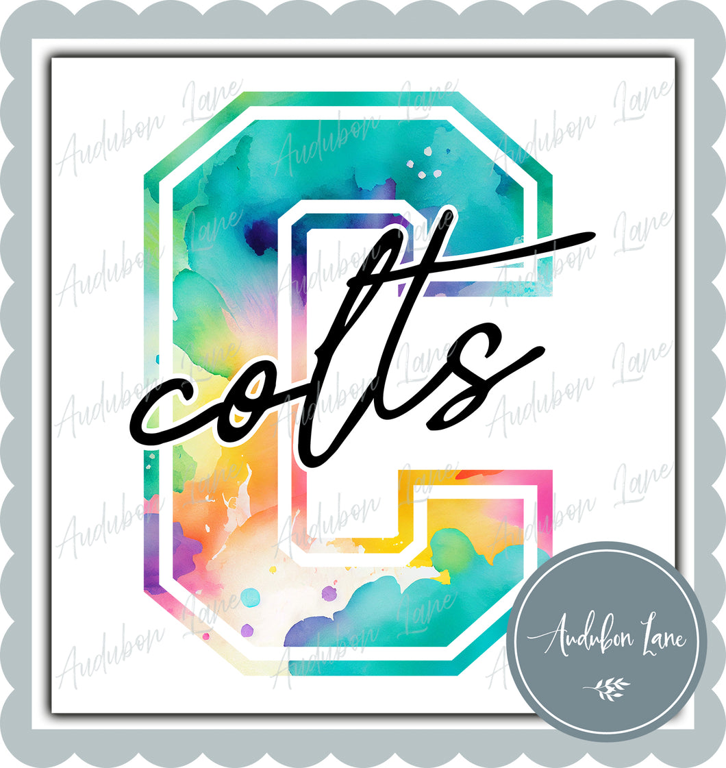Colts Watercolor Team Mascot Letter Ready to Press DTF Transfer Custom Mascots Available On Request