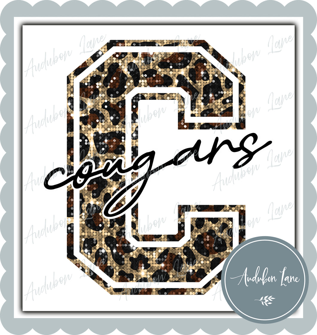Cougars Sequin Leopard Mascot Letter Ready to Press DTF Transfer Customs Available On Request