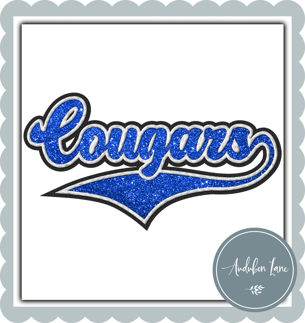 Cougars Faux Blue Glitter and White and Black Embroidery
