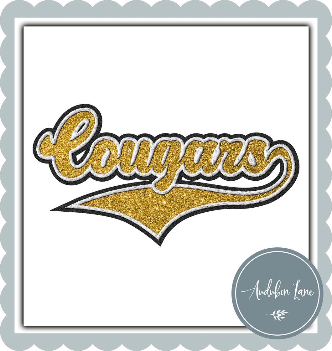 Cougars Faux Glitter Yellow Gold and White and Black Embroidery
