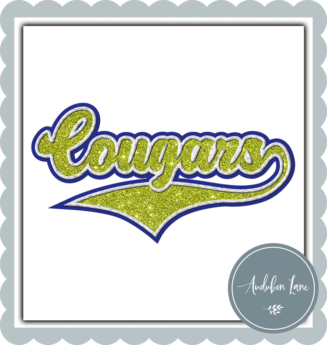 Cougars Faux Glitter Lime Glitter and White and Royal Blue Embroidery