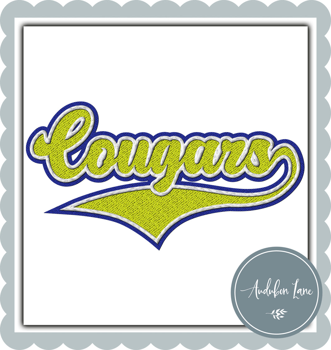 Cougars Faux Lime and White and Royal Blue Embroidery