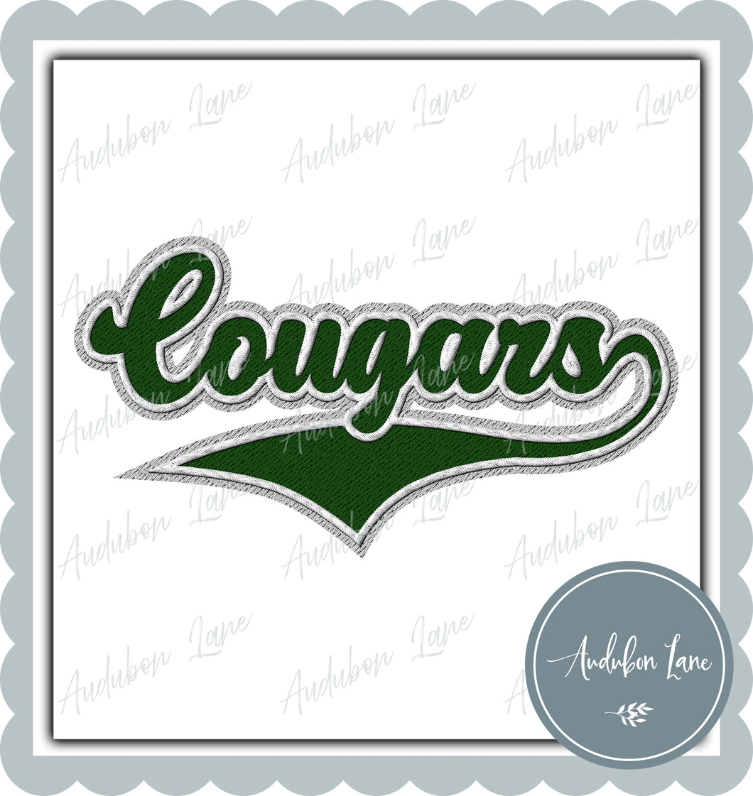 Cougars Faux Embroidery Patch Faux Medium Green and White and Light Grey Ready To Press DTF Transfer Custom Colors Available On Request