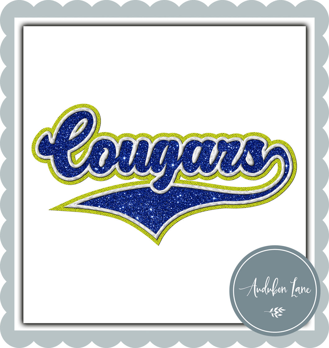 Cougars Faux Glitter Royal Blue and White and Lime Embroidery