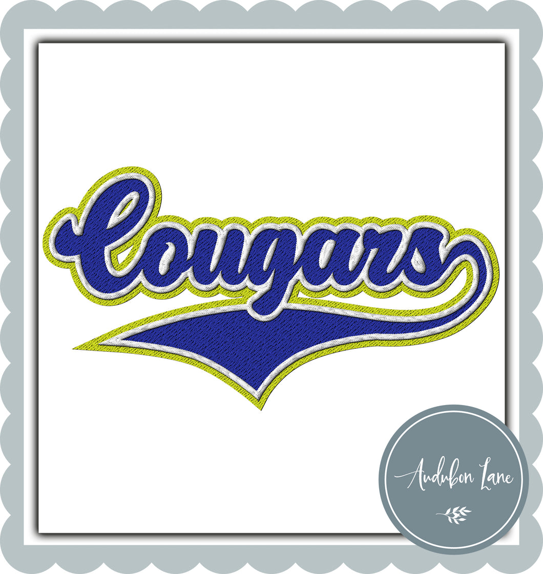 Cougars Faux Royal Blue and White and Lime Embroidery