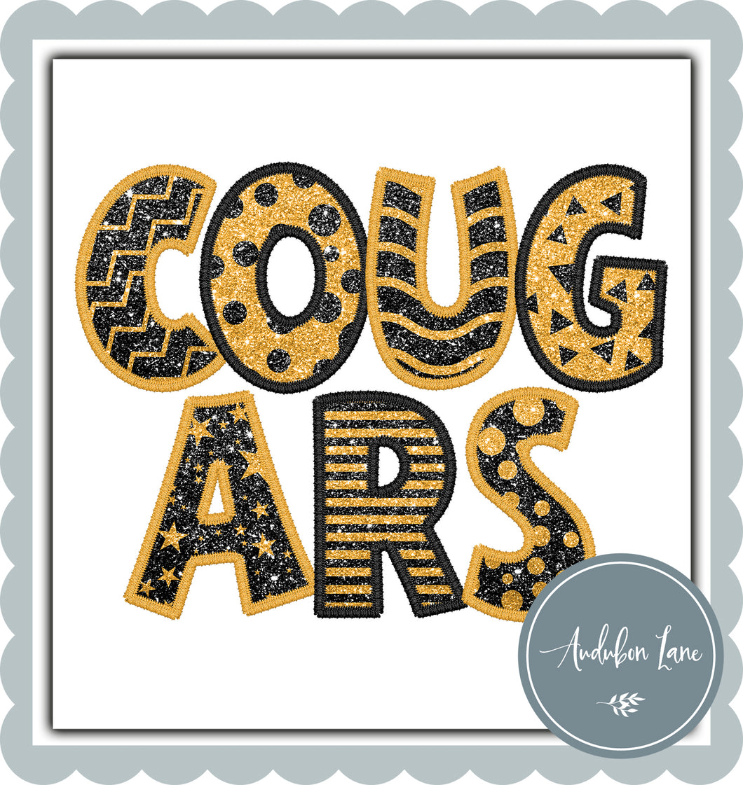 Cougars Stacked Faux Glitter and Embroidery Black and Gold
