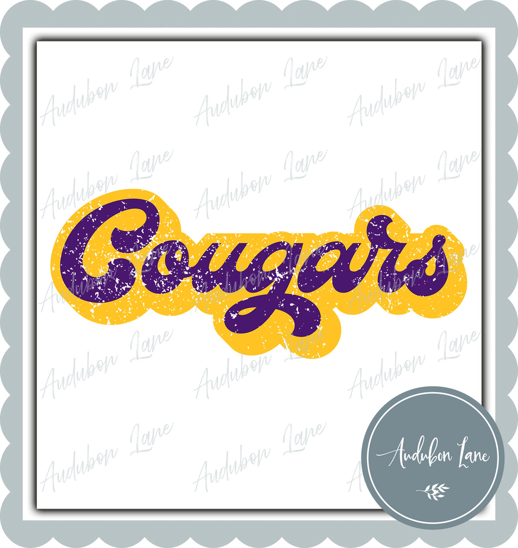 Cougars Retro Distressed Purple and Yellow Print Ready To Press DTF Transfer Custom Colors Available On Request