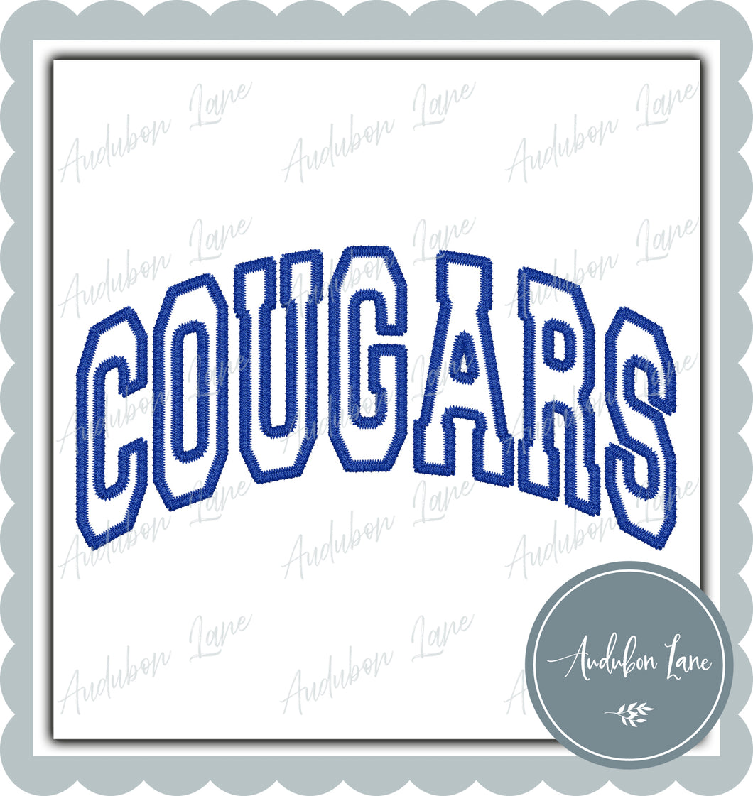 Cougars Faux Royal Blue Arched Embroidery Ready To Press DTF Transfer Custom Colors Available On Request