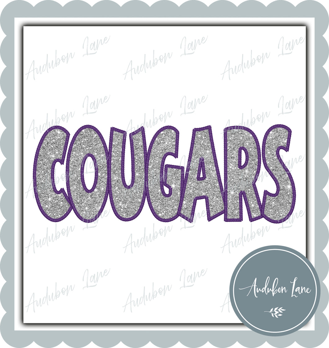 Cougars Straight Across Faux Silver Glitter and Purple Embroidery Ready To Press DTF Transfer Custom Colors Available On Request