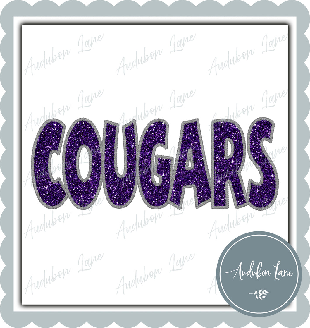 Cougars Straight Across Faux Purple Glitter and Silver Embroidery Ready To Press DTF Transfer Custom Colors Available On Request