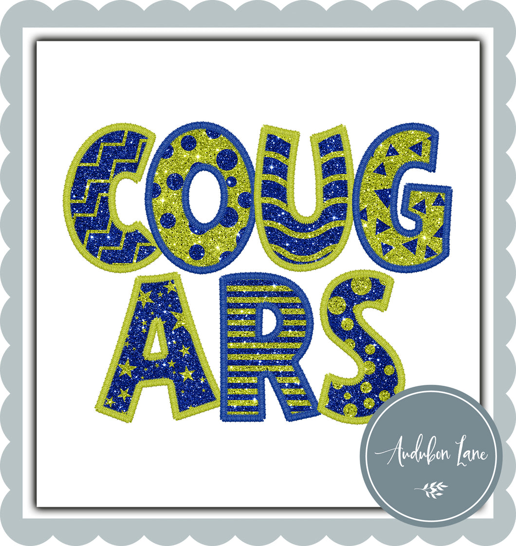 Cougars Stacked Faux Glitter and Embroidery Lime and Royal Blue