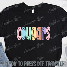 Load image into Gallery viewer, Cougars Split Letter Pastel Color Mascot Ready To Press DTF Direct To Film Transfer
