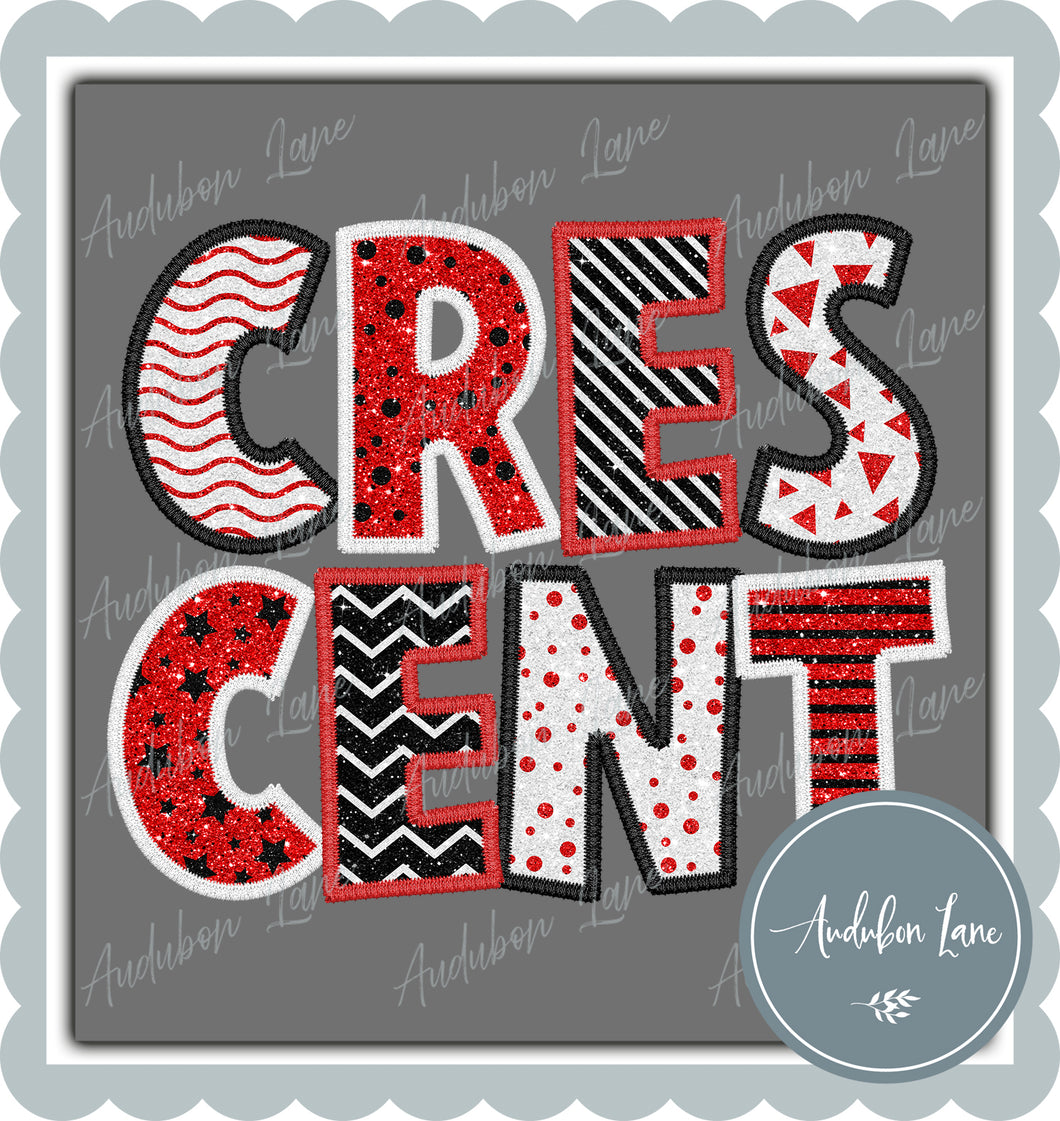 Crescent Stacked Faux Glitter and Embroidery Red and White and Black Shapes Ready To Press DTF Transfer Custom Colors Available On Request