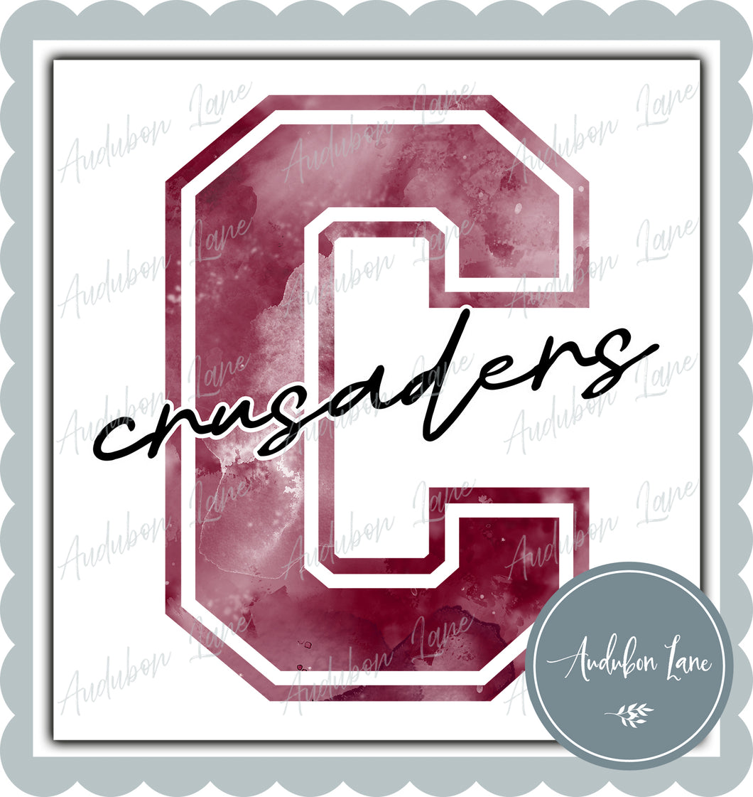 Crusaders Monochrome Maroon Watercolor Team Mascot Letter Ready to Press DTF Transfer Custom Mascots Available On Request