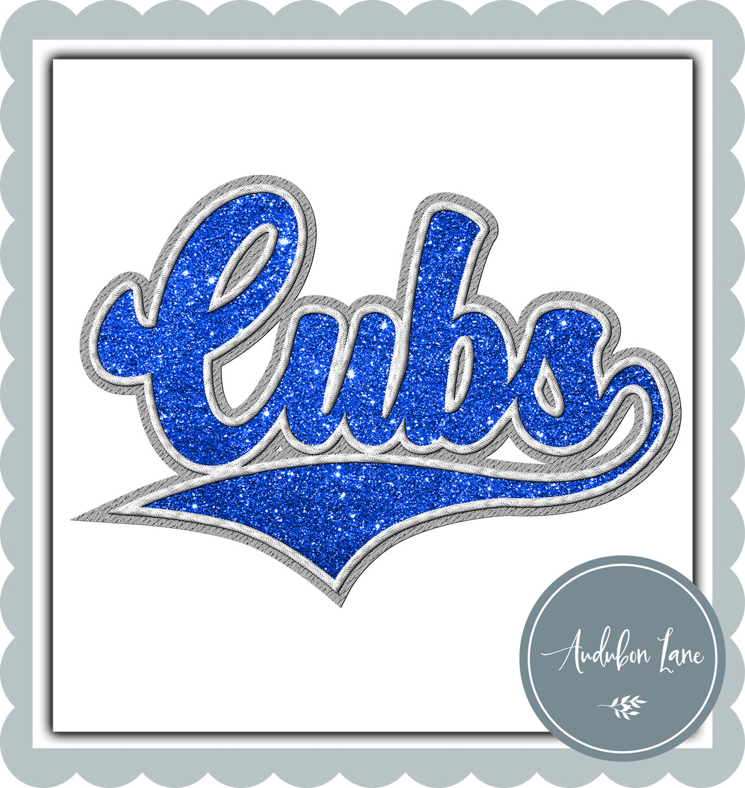 Cubs Faux Grey and White Embroidery and Faux Blue Glitter