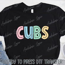 Load image into Gallery viewer, Cubs Split Letter Pastel Color Mascot Ready To Press DTF Direct To Film Transfer
