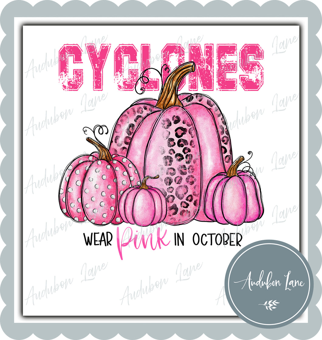 Cyclones Breast Cancer Awareness Mascot We Wear Pink In October Pumpkins Letter Ready to Press DTF Transfer Custom Requests Available for Mascot