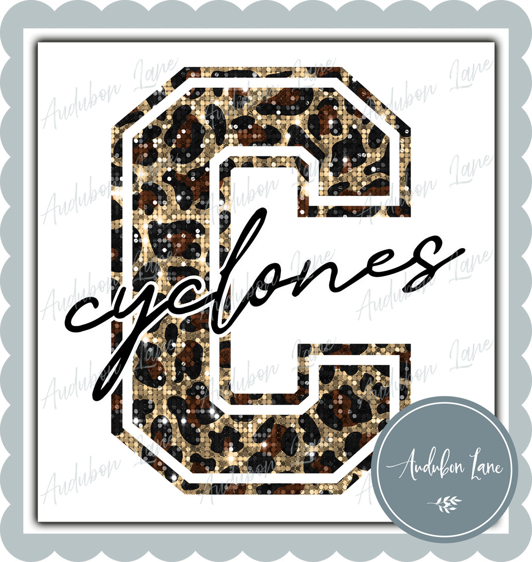 Cyclones Sequin Leopard Mascot Letter Ready to Press DTF Transfer Customs Available On Request