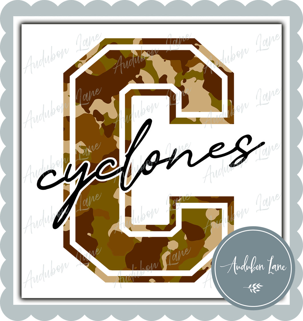 Cyclones Old School Camo Mascot Letter Ready to Press DTF Transfer Customs Available On Request