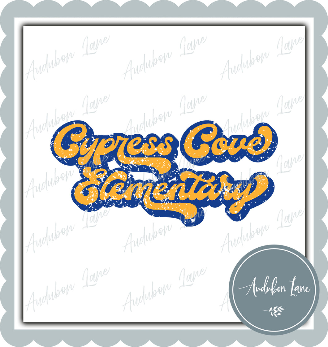 Cypress Cove Elementary Retro Distressed Yellow Gold and Royal Print Ready To Press DTF Transfer Custom Colors Available On Request