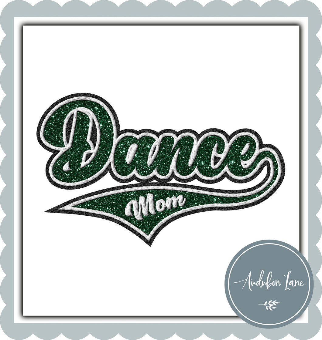 Dance Mom Faux Dark Green Glitter and White and Black Embroidery