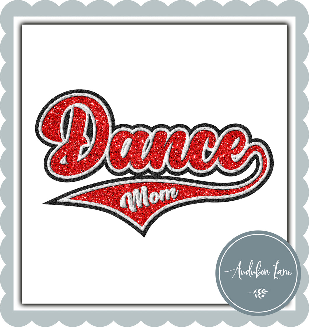 Dance Mom Faux Red Glitter and White and Black Embroidery