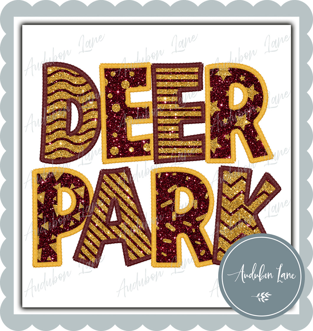 Deer Park Stacked Faux Glitter and Embroidery Maroon and Yellow Gold Shapes Ready To Press DTF Transfer Custom Colors Available On Request