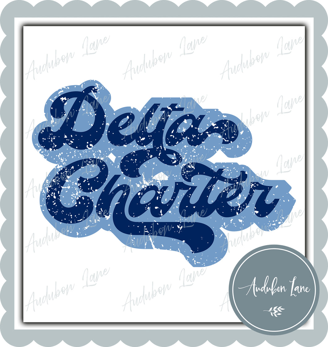 Delta Charter Retro Distressed Lt Blue and Navy Print Ready To Press DTF Transfer Custom Colors Available On Request