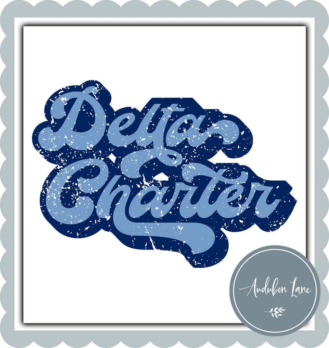 Delta Charter Retro Distressed Navy and Lt Blue Print Ready To Press DTF Transfer Custom Colors Available On Request