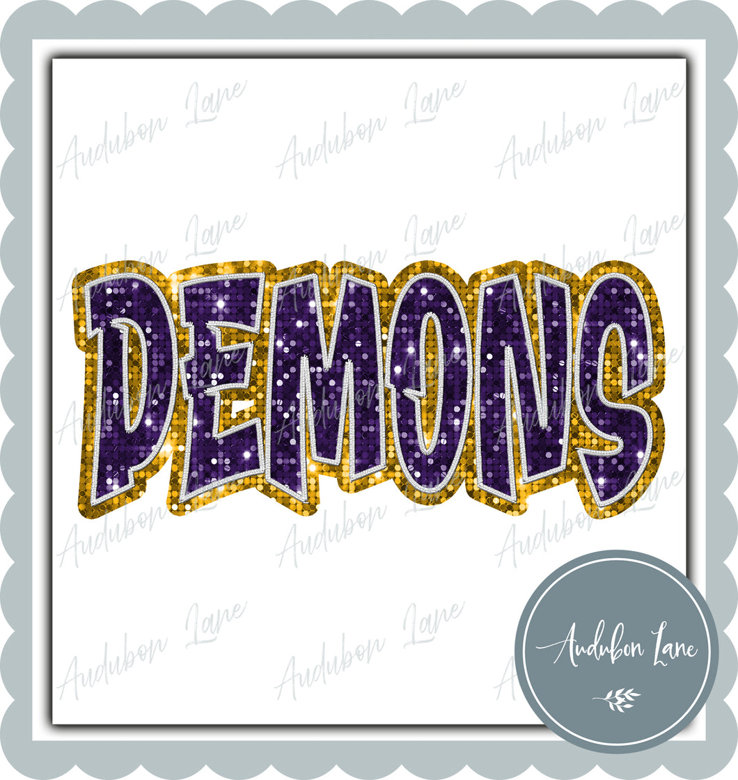 Demons Graffiti Style Sequin Purple and Yellow Gold Mascot Ready to Press DTF Transfer Customs Available On Request