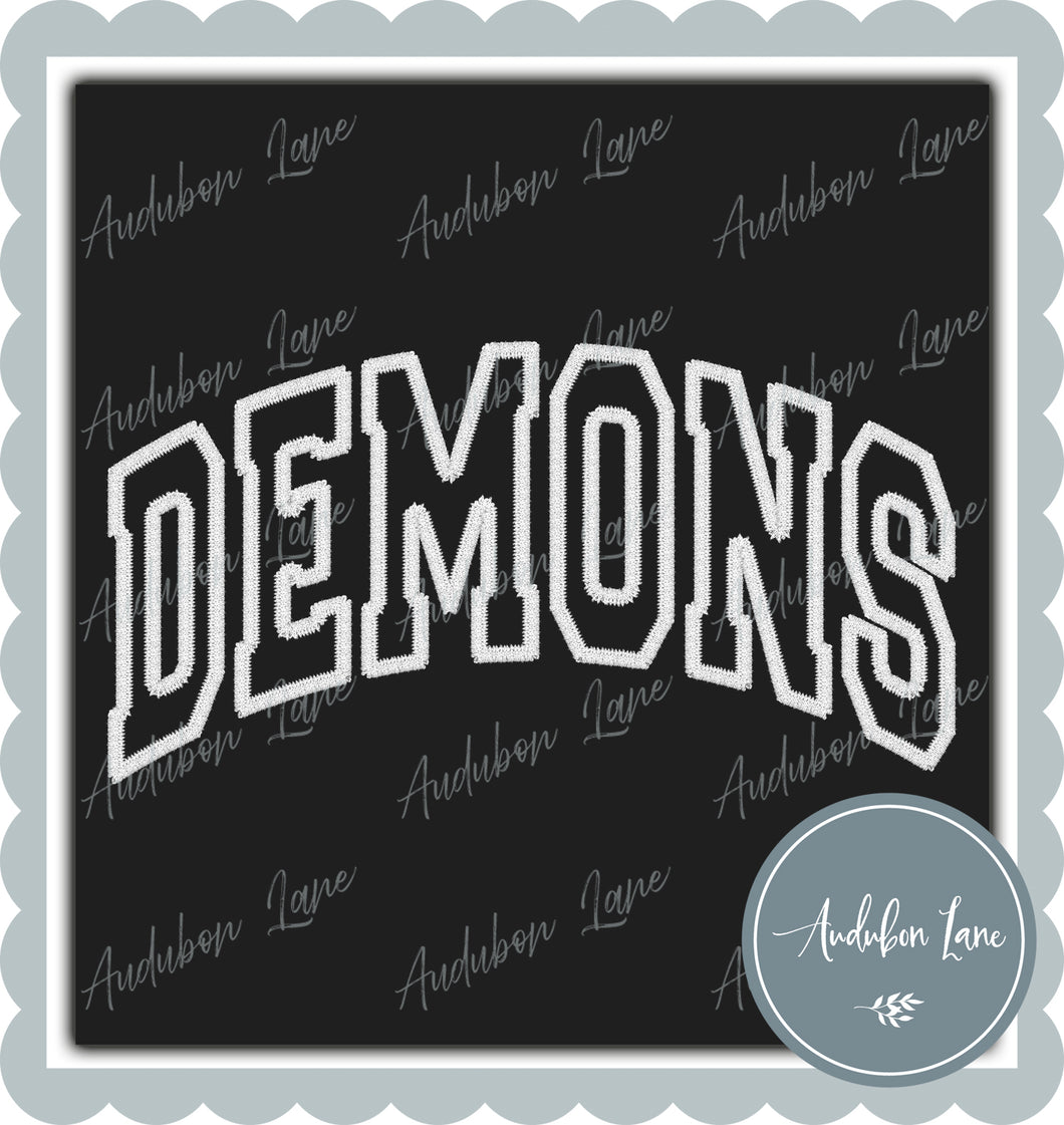 Demons Faux White Arched Embroidery Ready To Press DTF Transfer Custom Colors Available On Request