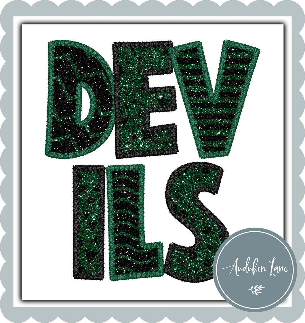 Devils Stacked Faux Glitter and Embroidery Dk Green and Black
