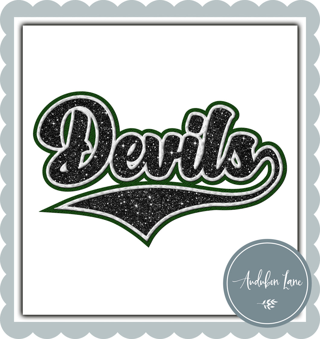 Devils Faux Black Glitter and White and Dk Green Embroidery