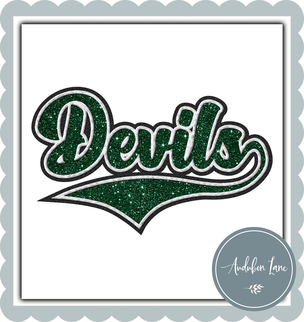 Devils Faux Dk Green Glitter and White and Black Embroidery