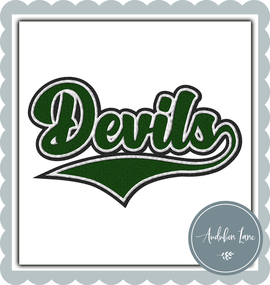 Devils Faux Dk Green and White and Black Embroidery