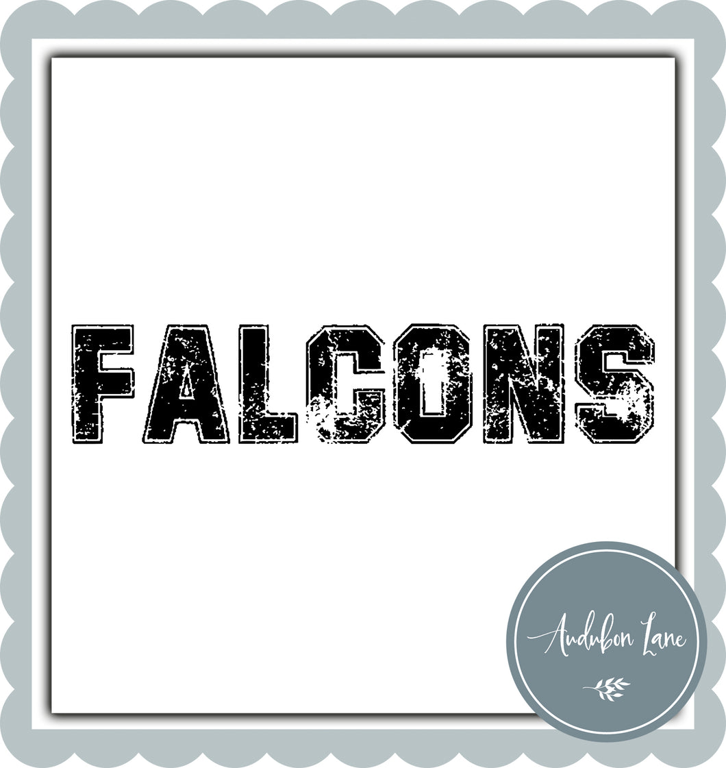 Falcons Distressed Varsity Black Print Ready To Press DTF Transfer Custom Colors or Mascots Available On Request