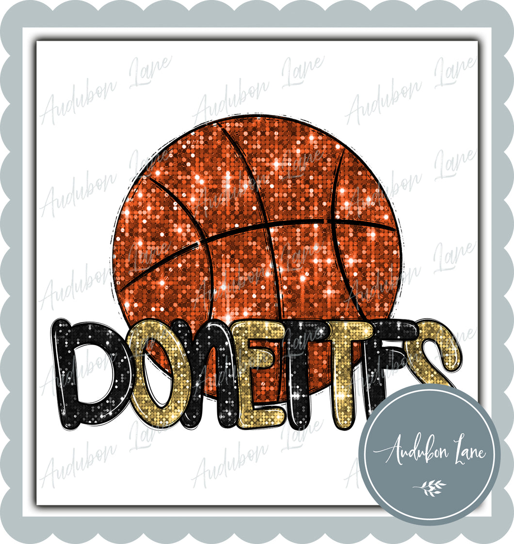 Donettes Lt Gold and Black Faux Sequin Basketball with Mascot Print Ready To Press DTF Transfer Custom Colors Available On Request