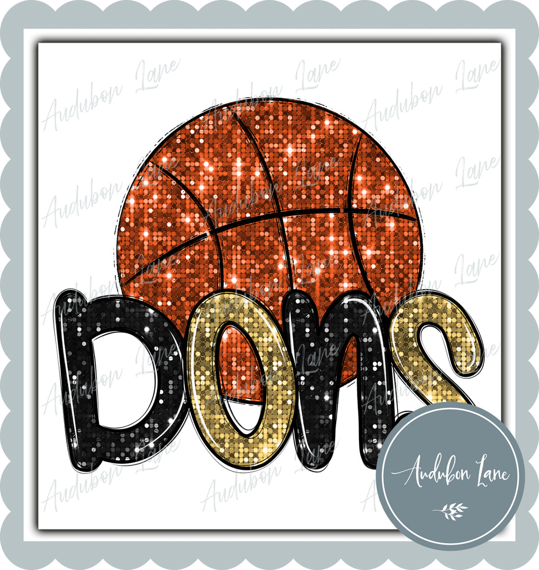 Dons Lt Gold and Black Faux Sequin Basketball with Mascot Print Ready To Press DTF Transfer Custom Colors Available On Request