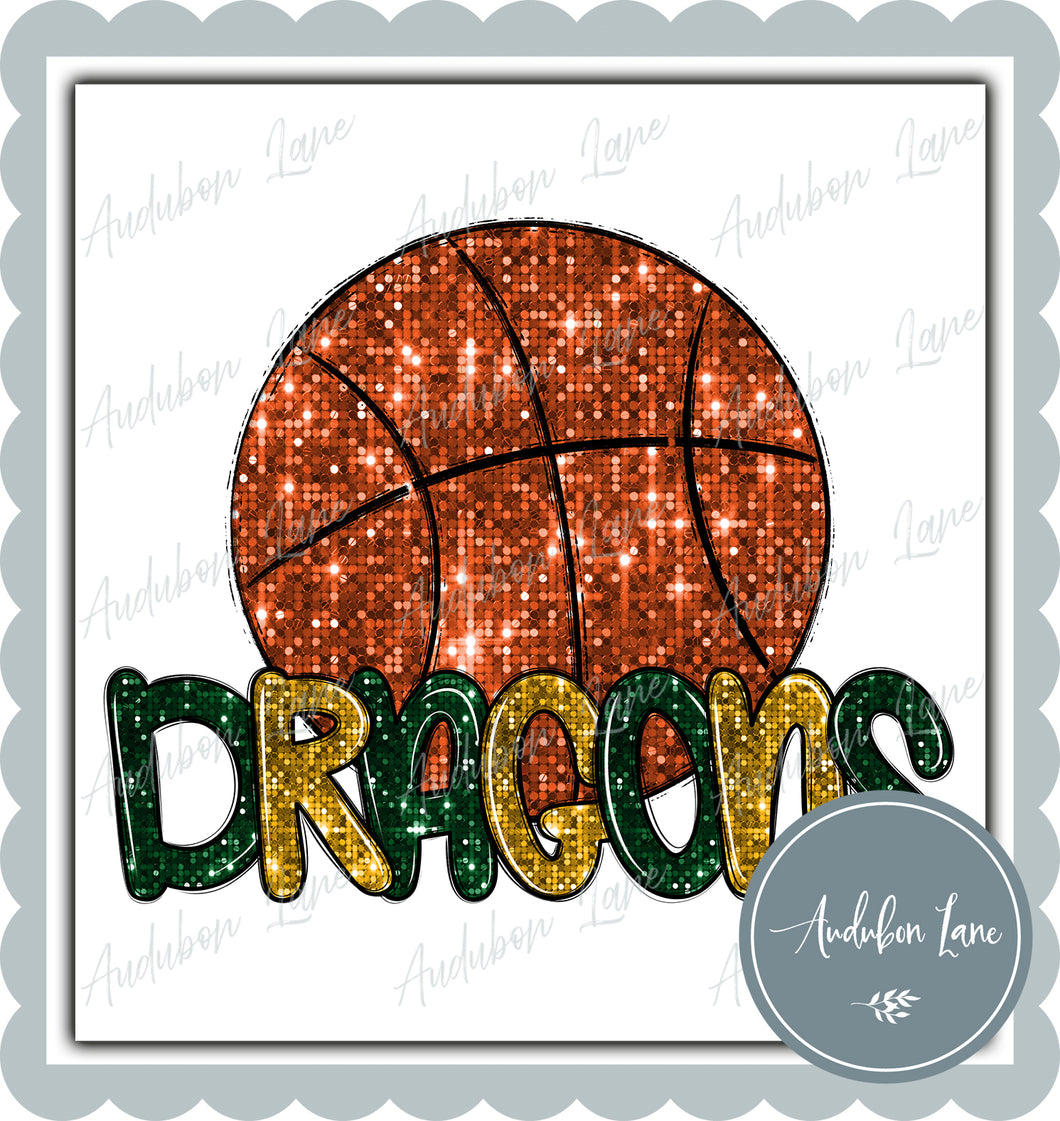 Dragons Dk Green and Gold Faux Sequin Basketball with Mascot Print Ready To Press DTF Transfer Custom Colors Available On Request