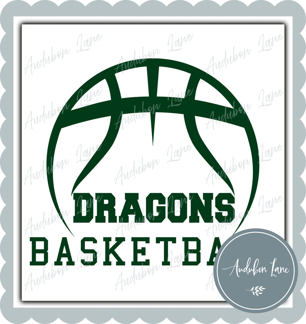 Dragons Dk Green Basketball with Mascot Print Ready To Press DTF Transfer Custom Colors Available On Request