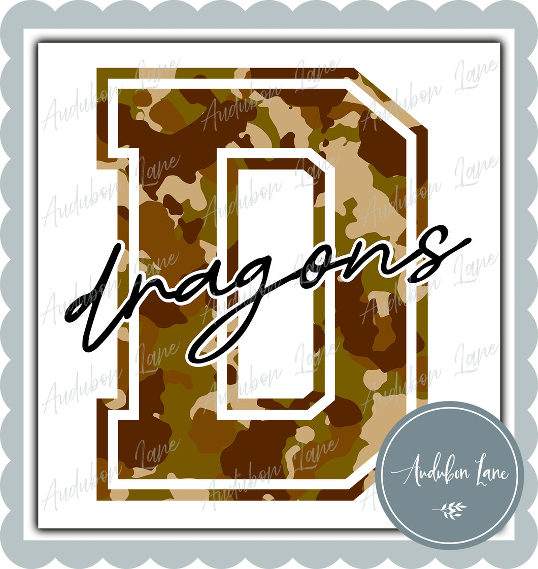 Dragons Old School Camo Mascot Letter Ready to Press DTF Transfer Customs Available On Request