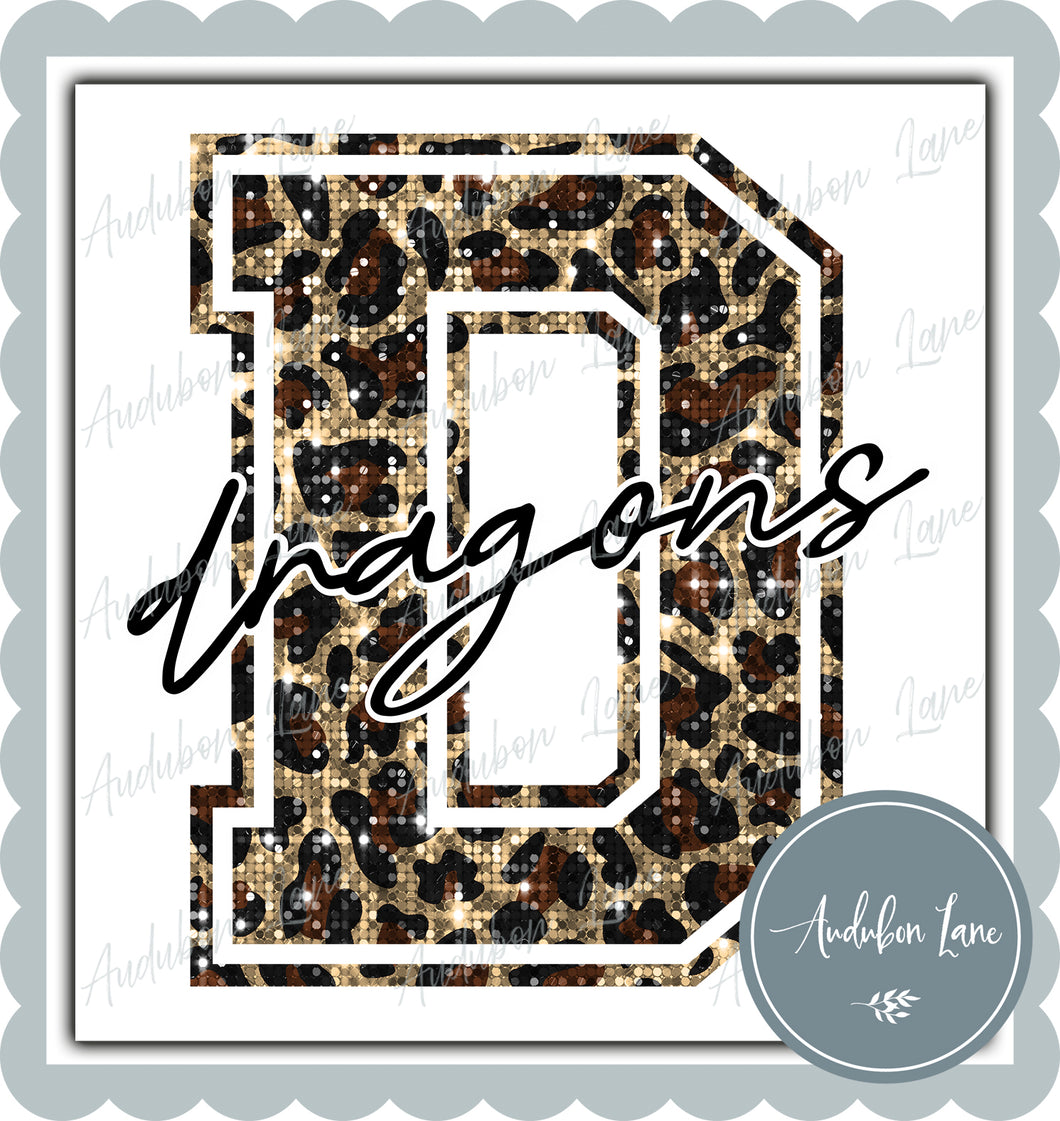 Dragons Sequin Leopard Mascot Letter Ready to Press DTF Transfer Customs Available On Request