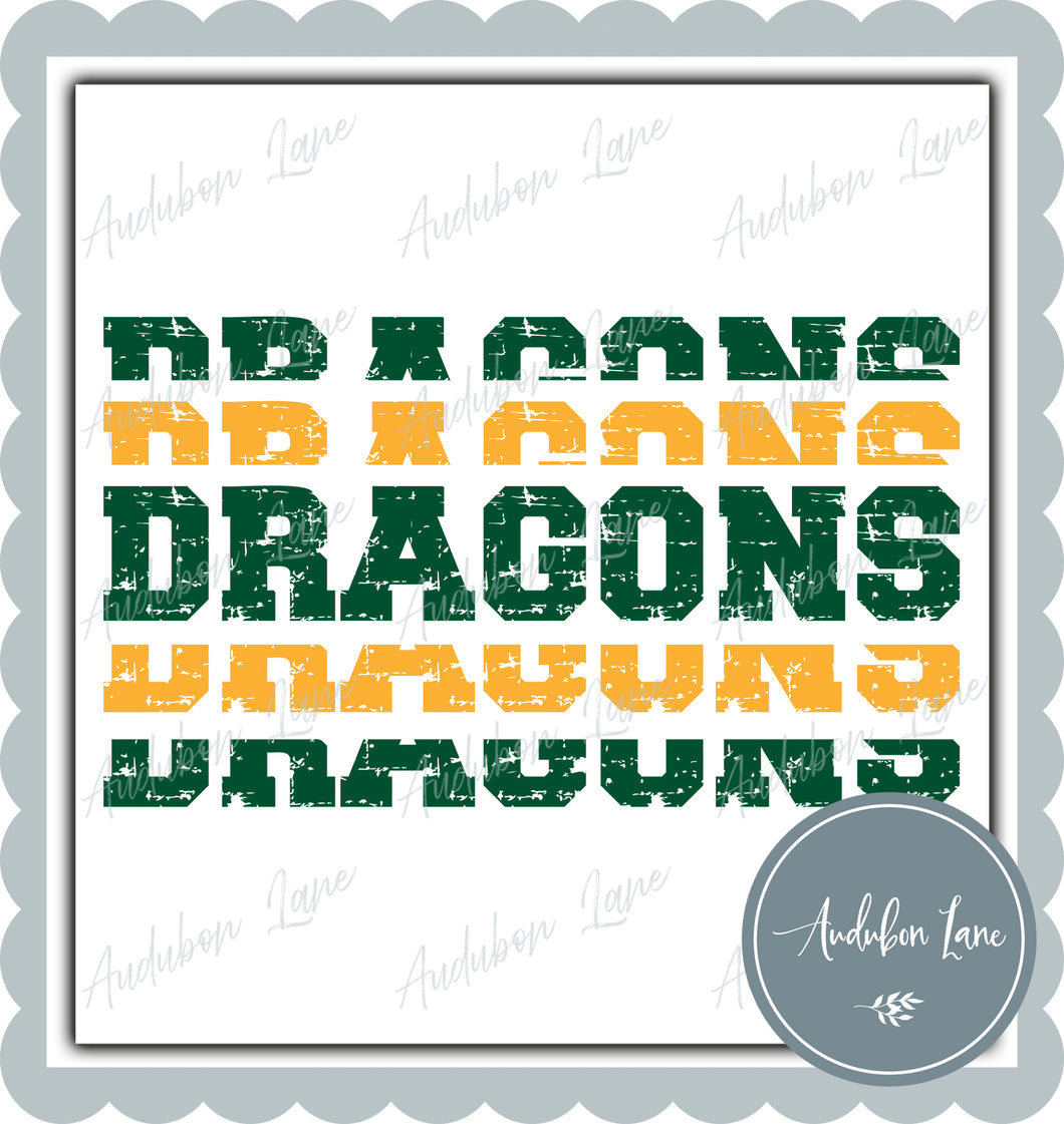 Dragons Stacked Pro Distressed Two Color Dk Green and Yellow Gold Ready To Press DTF Transfer Custom Colors Available On Request